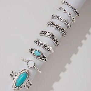 *DULCIE* 9-Pc Silver x Teal Elephant Fashion Ring Set